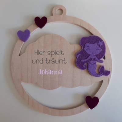 Türschild "Meerjungfrau" fürs Kinderzimmer aus Holz "Hier spielt "/ Wolke / Geschenk zur Geburt oder Tau