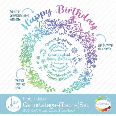 Plotterdatei Geburtstagsblumen, SVG für ein Tischset, Blumenkranz, Geburtstagskind, Happy Birthday, Glückwünsche