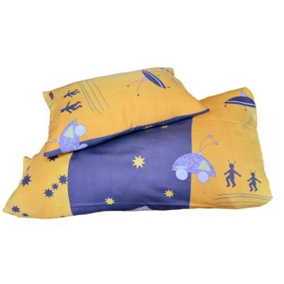 Retro Kinderbettwäsche Set blau gelb mit Weltraum Ufo Motiven, 100x130cm, Upcycling Unikat