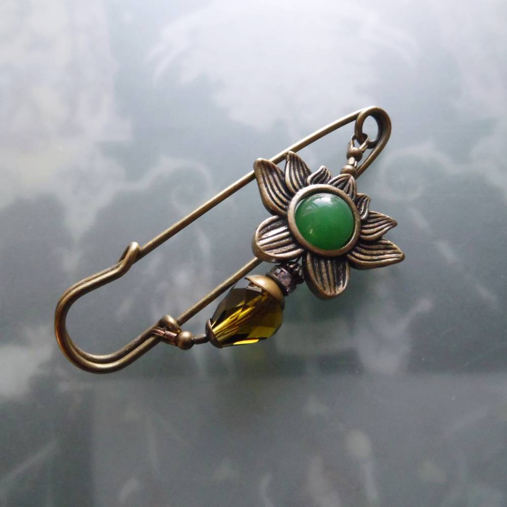 Tuchnadel Lotus Jade und Kristall, funkelnde Tuchnadel in Grün und Bronze N-7-AB-35 Bild 6
