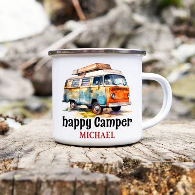 Camping Emaille Tasse HAPPY CAMPER mit Namen - Motiv 4, Campingbecher, Geschenk für Camper