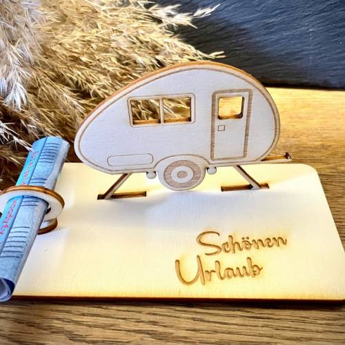 Geldscheinhalter Wohnwagen, Camping, Urlaub, Geburtstag, Geschenk, Wunschtext, Personalisierbar