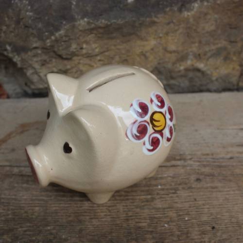 Sparschwein Spardose Handbemalt Blumen Dekor Keramik Sammler Vintage