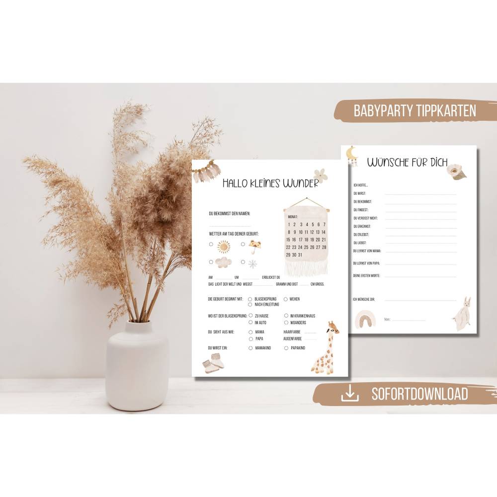Babyshower Spiel zum ausdrucken | Babyparty Tippkarten | Baby Ratespiel | Boho Regenbogen Giraffe |  Sofortdownload Bild 1