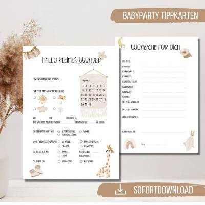 Babyshower Spiel zum ausdrucken | Babyparty Tippkarten | Baby Ratespiel | Boho Regenbogen Giraffe |  Sofortdownload