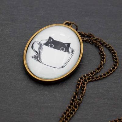 Halskette mit Katze, Kette, Katze in Tasse