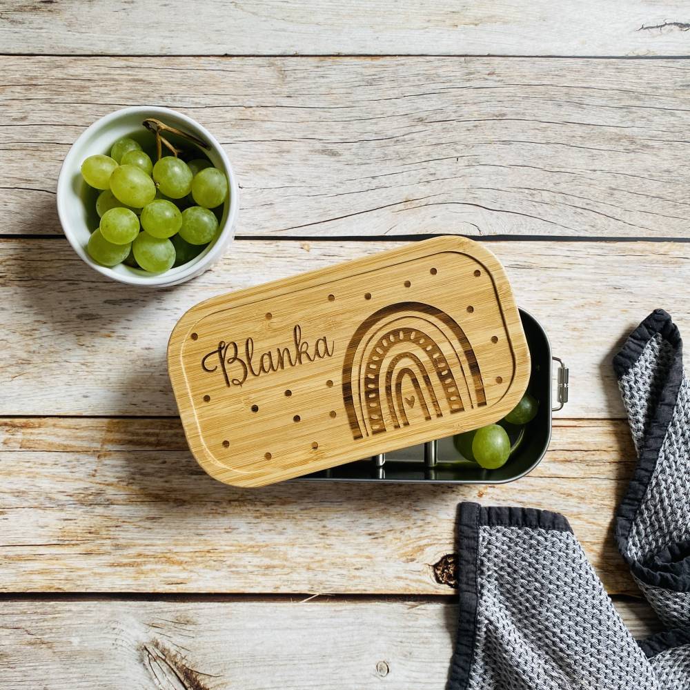 Brotdose aus Edelstahl mit Holzdeckel | personalisiertes Geschenk mit Namen  fr den Kindergarten oder die Krippe | Brotb