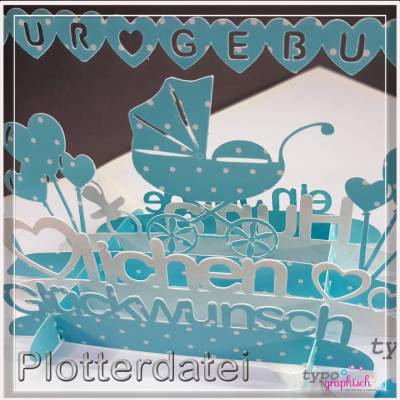 Plotterdatei Pop-up Card Kinderwagen – inkl. englische Version, SVG, DIY Geburtskarte