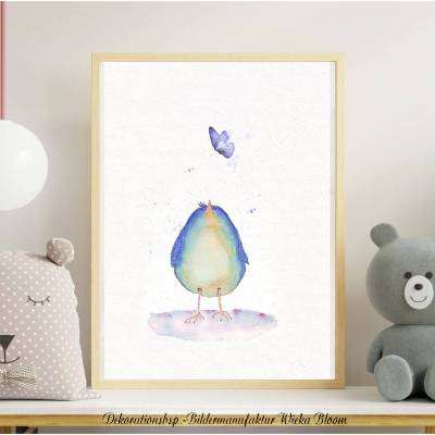 Birdies, kleiner Vogel & Schmetterling Poster Print Wanddeko Kinderzimmer Wandbild Aquarell handgemalt günstig kaufen