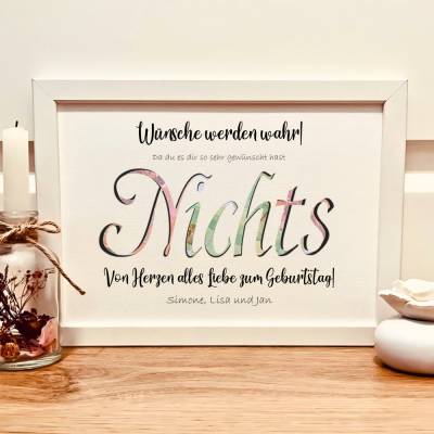 Geldgeschenk Nichts zum Geburtstag – Personalisiertes A4-Bild als originelle Geschenkidee