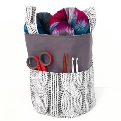Handarbeitskorb mit Außenfach, Wollkorb mit Strickmusterprint