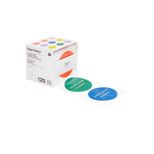 Sticker Happy Birthday rund 120 Stück auf Rolle