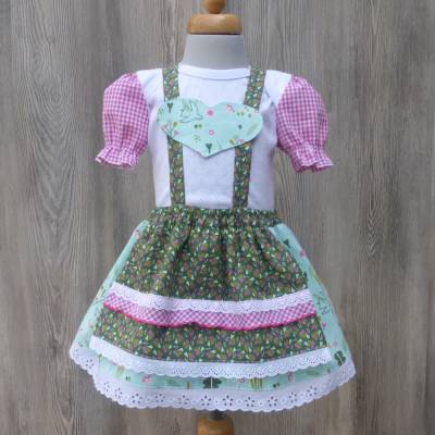 Trachtiges Brautmädchenkleid in mint- und grün-gemustert, Taufkleid mit pink-karierten Puffärmeln