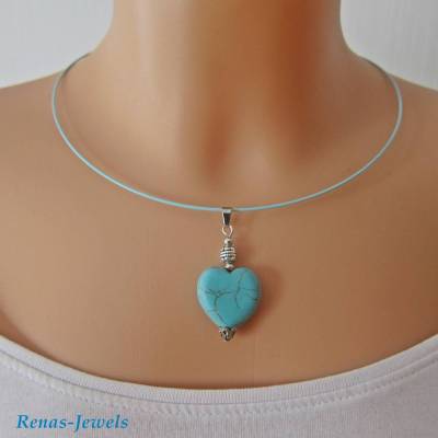 Edelsteinkette kurz Türkis Kette Herz Anhänger Halsreif hellblau Edelstein Kette blau silberfarben Türkiskette