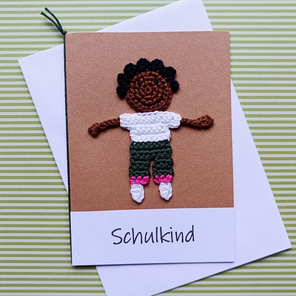 Glückwunschkarte Geldgeschenk Schulanfang mit gehäkeltem Schulkind mit Wunschtext Bild 4