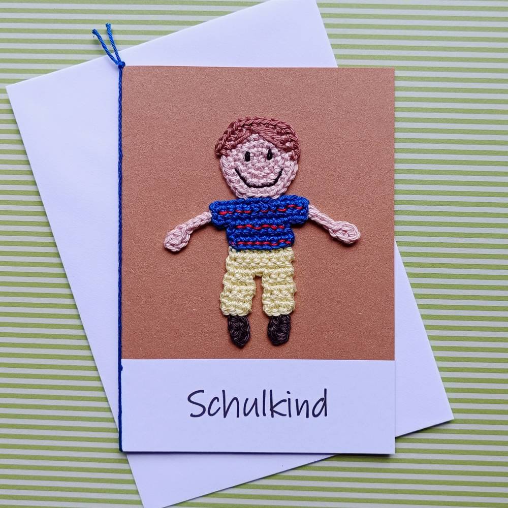 Glückwunschkarte Geldgeschenk Schulanfang mit gehäkeltem Schulkind mit Wunschtext Bild 5