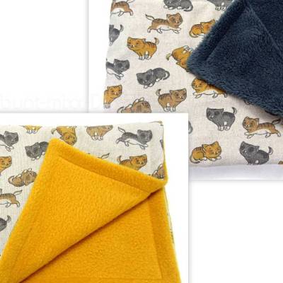 Decke Haustier Katze Kätzchen Canvas Fleecedecke grau gelb senf bunt Kuscheldecke, handmade by BuntMixxDESIGN