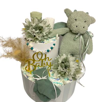 Windeltorte Drache Babyparty Babyshower Geschenk Taufe Geburt Baby salbei Eukalyptus boho natur