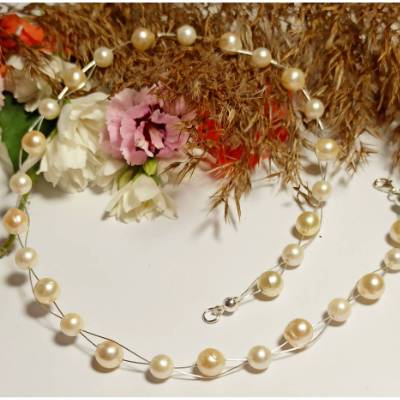 Elegante Süßwasser Perlen Damen Kette mit 925 Silber Draht – ca. 42 cm