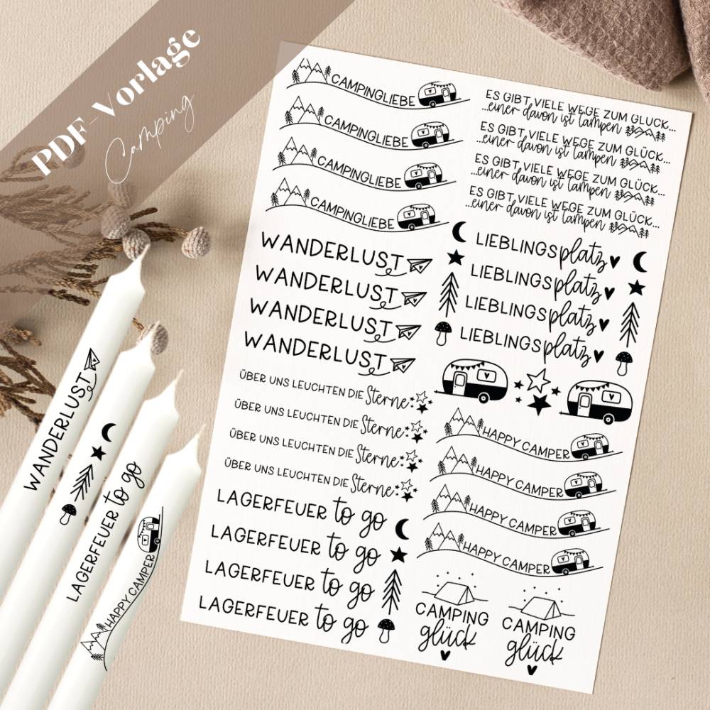 Camping PDF Vorlage Kerzentattoo Kerzensticker Kerzen Wohnwagen Zelten Lagerfeuer to go Sterne Campingliebe Glück Reisen Bild 1