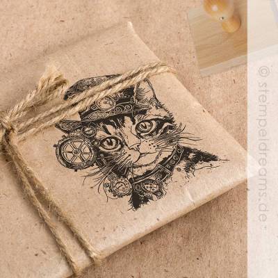 Limited Edition Holzstempel - Steampunk Katze - Motiv 1052