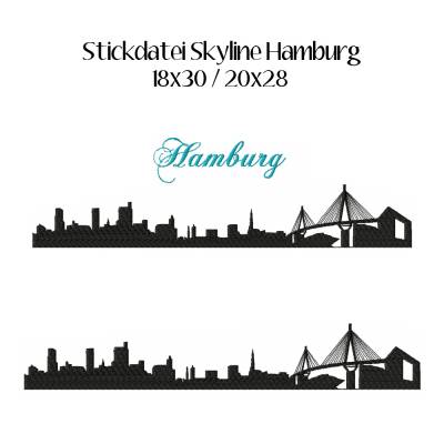 4 tlg. Stickdatei Skyline Hamburg 2 Größen verschiedene Dateiformate Stickmuster Stickmotiv mit und ohne Schriftzug