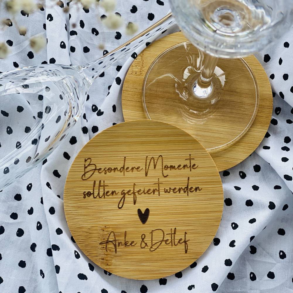 personalisierter Untersetzer aus Bambus | individuelles Geschenk zur  Hochzeit oder zum Geburtstag | Jubilum der Firma