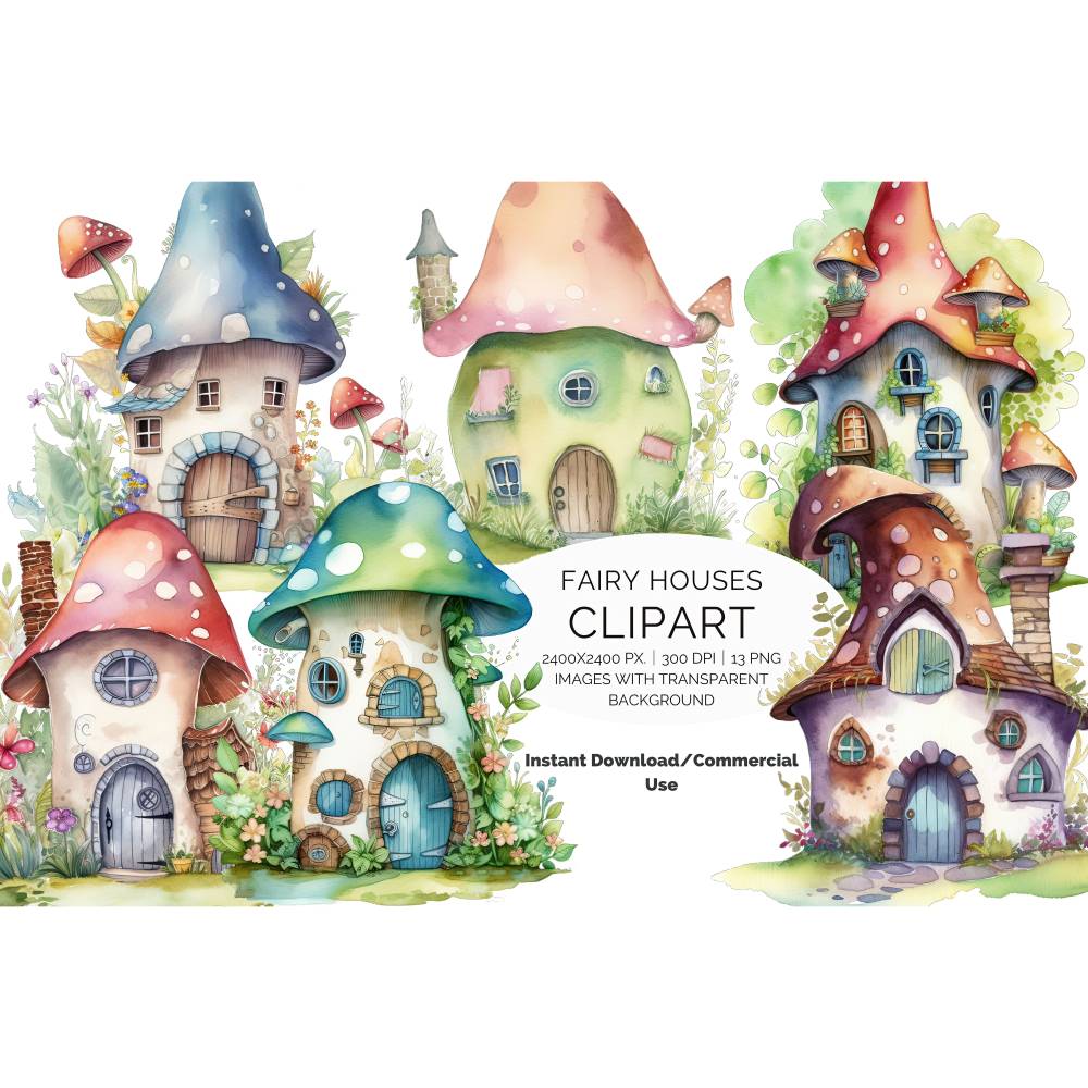 13 digital Fairy Houses PNG Watercolor Clipart Bundle, Sublimation,Commercial License Bild 1