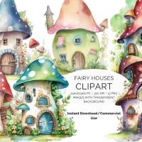 13 digital Fairy Houses PNG Watercolor Clipart Bundle, Sublimation,Commercial License