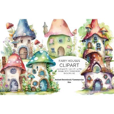 13 digital Fairy Houses PNG Watercolor Clipart Bundle, Sublimation,Commercial License 