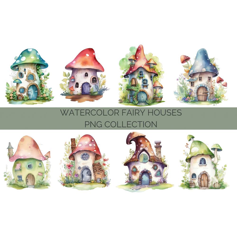 13 digital Fairy Houses PNG Watercolor Clipart Bundle, Sublimation,Commercial License Bild 3