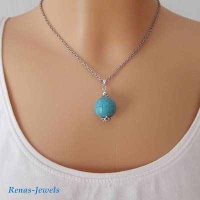 Edelsteinkette kurz mit Anhänger Türkis Perle Edelstein Kette blau silberfarben