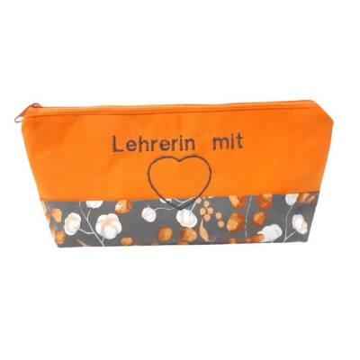 Schlampermäppchen Lehrerin mit Herz – Federmäppchen aus Baumwolle, bestickt, Geschenk für Lehrerinnen