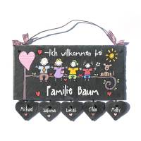 Personalisiertes Türschild aus Schiefer mit Herzanhängern – Familienschild mit Namen, wetterfest & handgefertigt