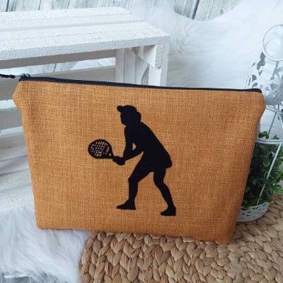 Kosmetiktasche M (Farbbeispiel ocker) Aufdruck Tennis,  Polstercanvas in 36 Farben