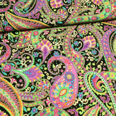 Viskosegewebe, Paisley und Blumen, schwarz-bunt, 150 cm breit, Preis pro 0,5 lfdm