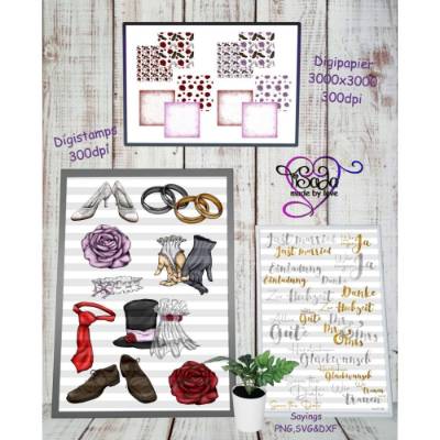 TiSaJa - Digistamps "Just married" PNG Sayings Digipapier Hochzeit Verlobung Ringe Heirat