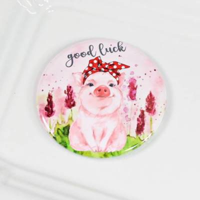 Taschenspiegel „good luck“ mit Schweinchen, Ø 58 mm, kleines Glücksgeschenk