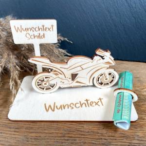 Geldscheinhalter Motorrad, Rennmaschine, Geburtstag, Führerschein, Geschenk, Wunschtext, Personalisierbar