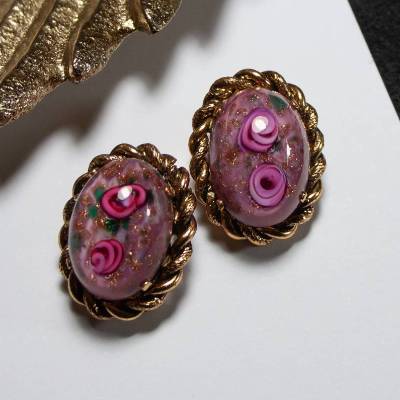 Vintage Glas Ohrclips pink Rosen goldfarben Glascabochons Blümchen Ohrringe, Trödel Dings da