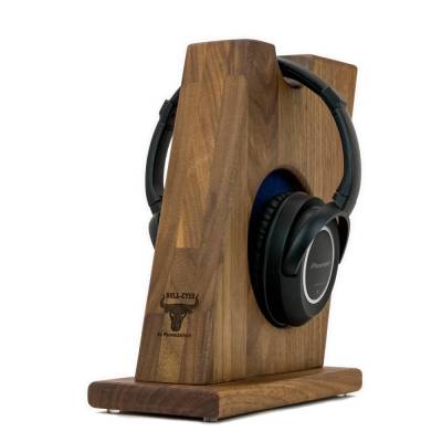Kopfhörerständer BULL-EYES, handgefertigt aus Massivholz Walnuss mit auswechselbarem Ohrpolsterschutz.