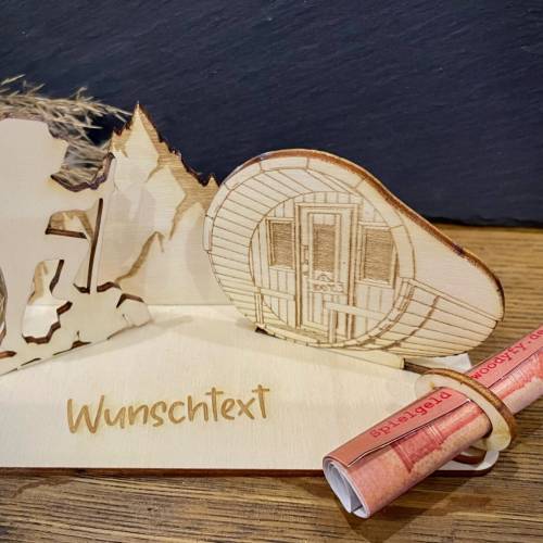 Geldscheinhalter Sauna, Wellness, Wandern, Berge, Erholung, Entspannung, Geldgeschenk, Geburtstag, Geschenk, Wunschtext,