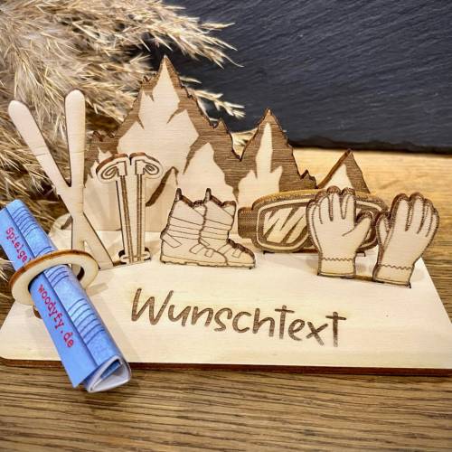 Geldscheinhalter Skiausrüstung, Ski, Skiurlaub, Berge, Winterurlaub, Geldgeschenk, Geburtstag, Geschenk, Wunschtext, Per