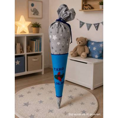 Schultüte, Zuckertüte, Flugzeug auf Wunsch mit Namen und Einschulungstag bestickt  70 cm Länge 