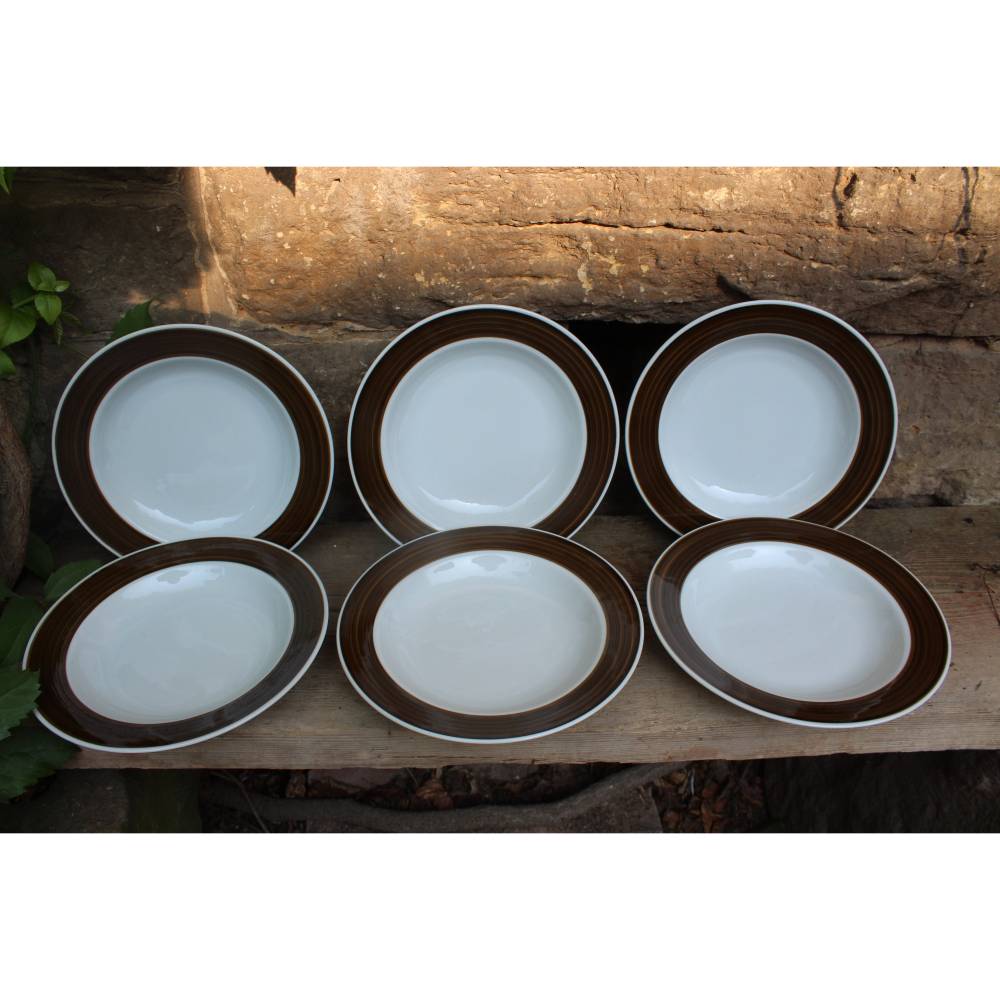 6er Set Suppenteller Pastateller brauner Rand Schirnding Porzellan 70er 80er Jahre West Germany