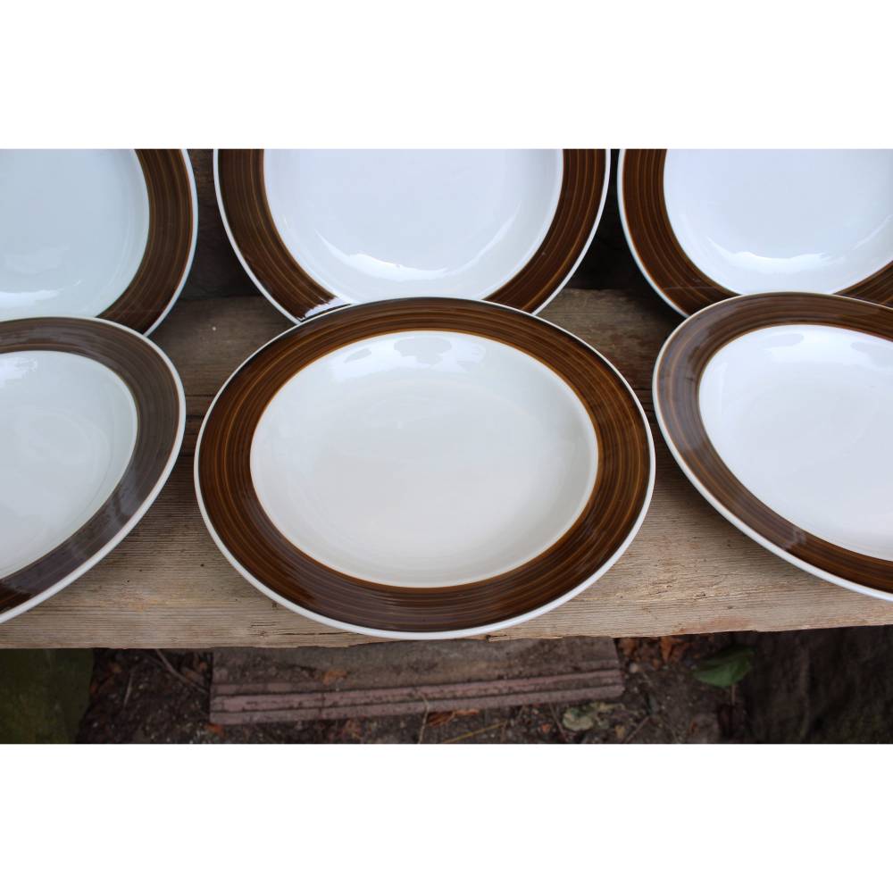 6er Set Suppenteller Pastateller brauner Rand Schirnding Porzellan 70er 80er Jahre West Germany