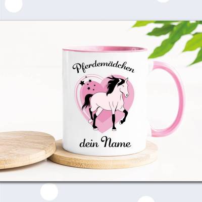 Personalisiere Tasse Pferdemädchen mit Namen – Kindertasse Pony, rosa, Geschenkidee (Nr.1)