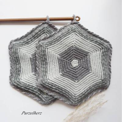 1 Paar gehäkelte Topflappen sechseckig - Küchenhelfer,Potholder,Muttertag,Geschenk neue Wohnung,grau