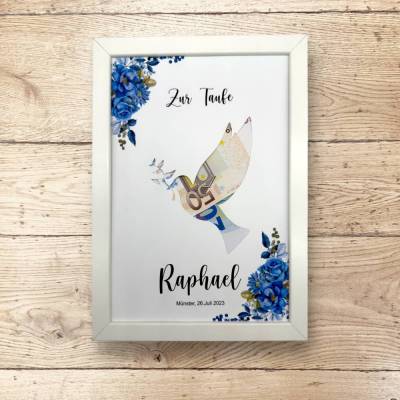 A4 Geldgeschenk zur Taufe, Kommunion, Konfirmation, Friedenstaube mit Blumenranke blau