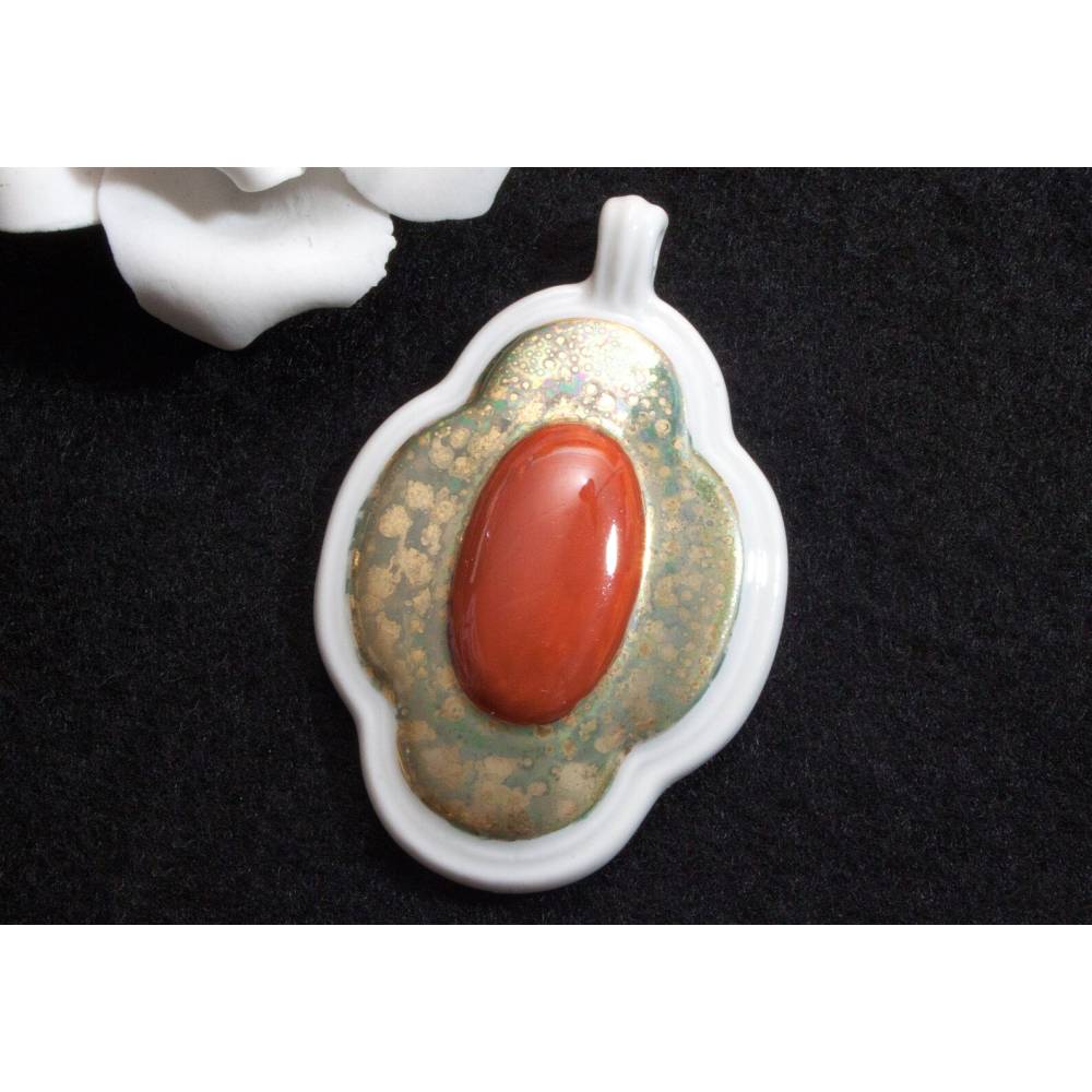Vintage Porzellan Anhänger 30er 40er Jahre goldfarben orange handbemalt Art Deco Trachtenschmuck